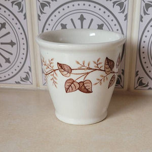 Walker China Vitrified 3" Cup with Brown Leaf and Vine Pattern Vintage